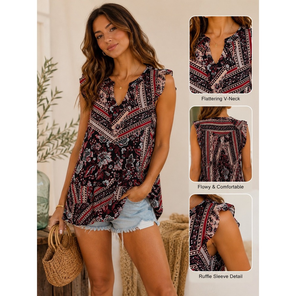 Soho New York & Company Floral Geometric V-Neck Ruffle Sleeveless Blouse XL‎ Red